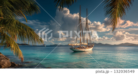 Sailboat, yacht anchored in tropical paradise 132036549