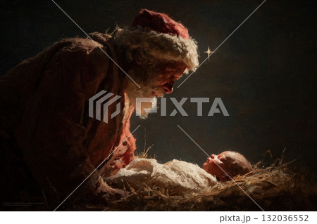 Santa meets baby Jesus in nativity manger under shining star Santa meets baby Jesus in nativity manger under shining star 132036552