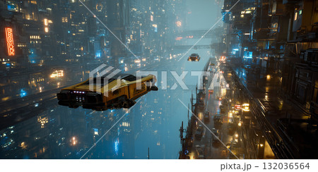 Flying cars in cyberpunk city 132036564