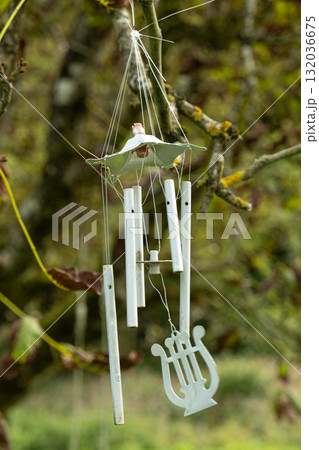 Wind Chime on Walnut Tree in Autumn, Meditation and Relaxation Concept. 132036675