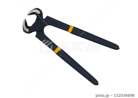 Top view of new single metallic carpenters pincers isolated on white background. 132036696