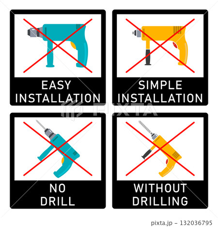 No drill, without drilling, easy installation, simple installation icon with power drill symbol. Crossed out vector clipart and sign. Design template for website elements, tag, sticker and other use. No drill, without drilling, easy installation, simple installation icon with power drill symbol. Crossed out vector clipart and sign. Design template for website elements, tag, sticker and other use. 132036795