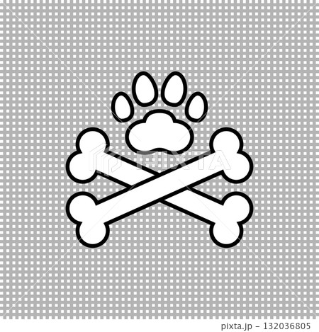 Two dog crossbones and paw print. Crossed dog bones icon and logo design. Outline and line style. Isolated vector illustration on transparent background. 132036805