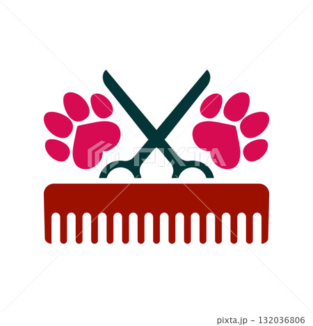 Dog grooming logo design template. Dog paw prints with comb and scissors. Vector clipart and drawing. Isolated illustration on white background. 132036806