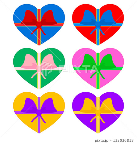 Heart wrapped in a gift ribbon with a bow. Set of colored bright vector illustrations. Editable template. Heart wrapped in a gift ribbon with a bow. Set of colored bright vector illustrations. Editable template. 132036815