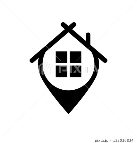Rural house and location symbol. Icon and logo. Vector isolated illustration on white background.  132036834