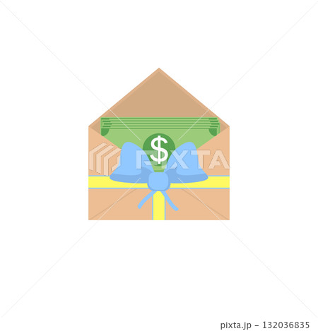 Opened envelope with money and ribbon bow. Paper dollar bills. Vector illustration. Opened envelope with money and ribbon bow. Paper dollar bills. Vector illustration. 132036835