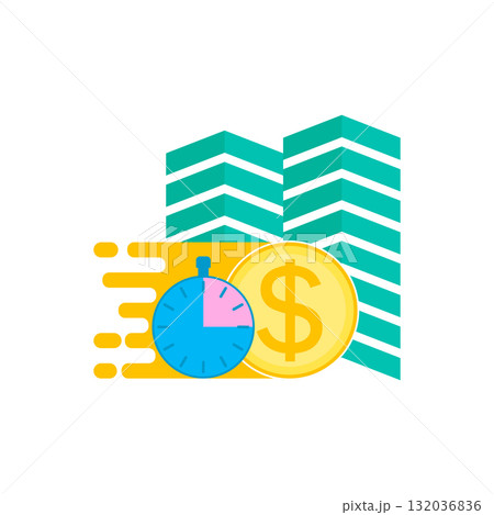Illustration with money, multi storey residential building, office business building and stopwatch. Real estate and quick sale of apartments with speed symbol. Vector clipart and drawing. 132036836