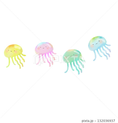 水彩で描いたかわいいクラゲのイラスト セット 132036937