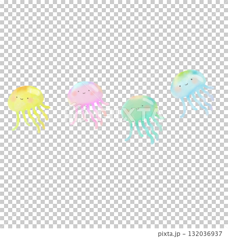 水彩で描いたかわいいクラゲのイラスト セット 132036937
