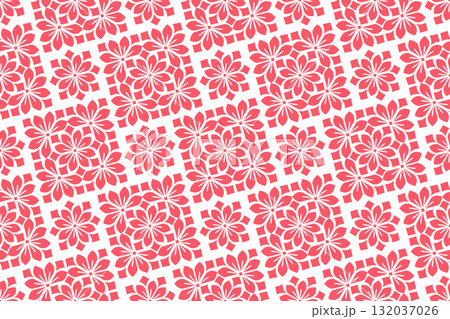 Flower geometric pattern. Seamless vector background. White and pink ornament. Ornament for fabric, wallpaper, packaging. Decorative print Flower geometric pattern. Seamless vector background. White and pink ornament. Ornament for fabric, wallpaper, packaging. Decorative print 132037026