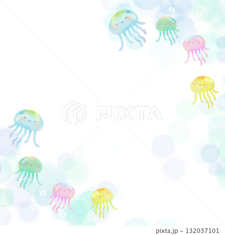 水彩で描いたかわいいクラゲのイラスト フレーム 132037101