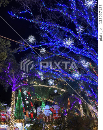 Festive outdoor Christmas display with Santa Claus figures, green trees, and thousands of bright lights. The night scene sparkles with vibrant colors and holiday cheer. 132037128