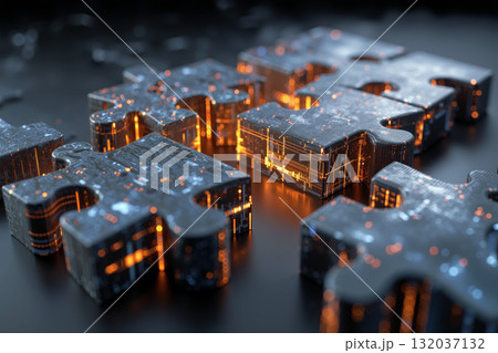 Puzzle pieces transforming into glowing structures showcasing creativity and innovation in a digital environment 132037132