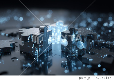 Puzzle pieces transform into glowing light patterns in a digital realm at night Puzzle pieces transform into glowing light patterns in a digital realm at night 132037137