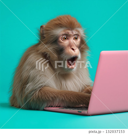 Monkey shows shocked expression while using a pink laptop in a bright turquoise setting 132037153
