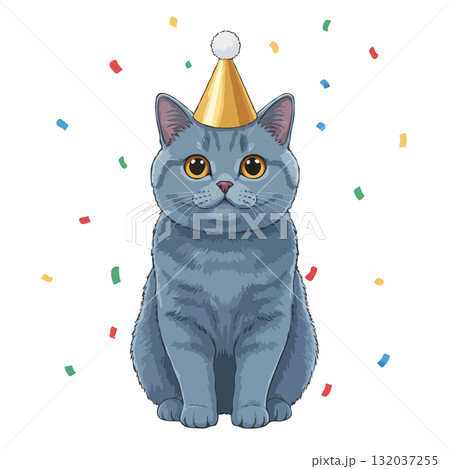 Cute British Shorthair cat in a party hat with confetti Cute British Shorthair cat in a party hat with confetti 132037255