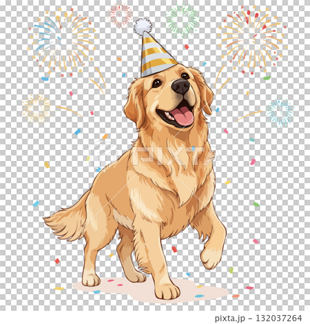 Happy Golden Retriever dog in a party hat celebrating New Year with fireworks Happy Golden Retriever dog in a party hat celebrating New Year with fireworks 132037264