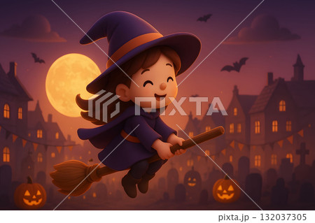 Happy Little Witch Flying Over Spooky Town on Halloween Night Happy Little Witch Flying Over Spooky Town on Halloween Night 132037305