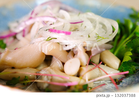 Pickled mushrooms set, on black background, top view flat lay 132037388