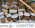 雪に覆われた薪と斧の冬景色 132037395