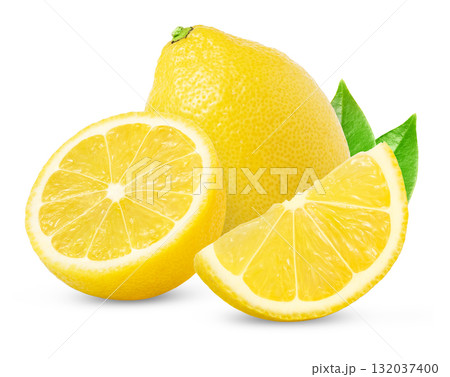Lemon fruit with half and slice isolated on white background. Yellow lemons with green leaf. Lemon fruit with half and slice isolated on white background. Yellow lemons with green leaf. 132037400