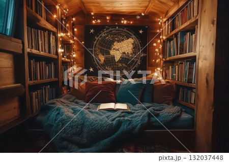 interior room with fireplace and wooden table interior room with fireplace and wooden table 132037448