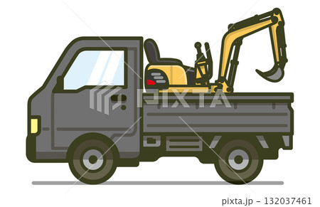 真横の軽トラックのイラスト(ミニショベルを積載した車両) 真横の軽トラックのイラスト(ミニショベルを積載した車両) 132037461