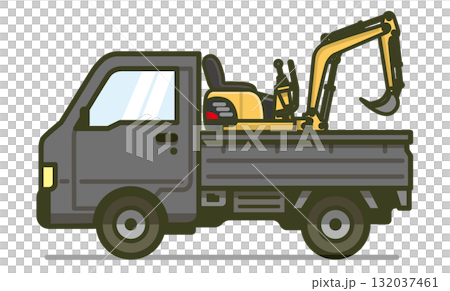 真横の軽トラックのイラスト(ミニショベルを積載した車両) 真横の軽トラックのイラスト(ミニショベルを積載した車両) 132037461