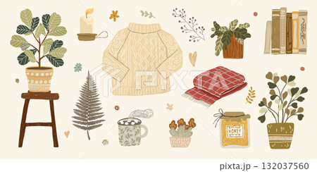 Hand drawn autumn illustration with home details Hand drawn autumn illustration with home details 132037560