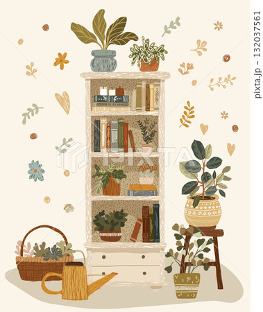 Hand drawn cozy illustration with bookshelf Hand drawn cozy illustration with bookshelf 132037561