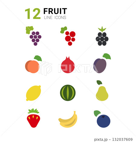 A set of twelve minimalist line icons depicting different fruits, including grapes, peaches, and strawberries. This design showcases the diversity of fruits in a clean, modern style. 132037609