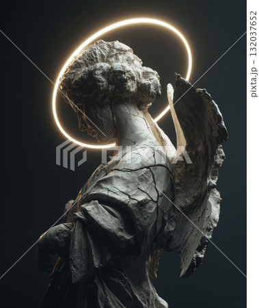 Beautiful angel statue with cracked surface illuminated by a glowing halo 132037652