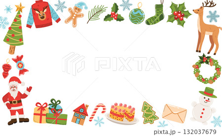 Christmas rectangle frame with Santa Claus, tree, candy cane, snowflake and gingerbread in flat cartoon style. 132037679