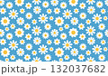 Bright seamless pattern with white daisy flower on blue background in flat cartoon style. 132037682