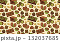Seamless pattern with Dubai chocolate and oriental sweet with pistachio in flat cartoon style. 132037685
