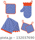 Set of blue potholder, baking glove, kitchen towel with checkered texture, hearts and red fringe in flat cartoon style. 132037690