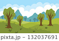 Flat cartoon summer landscape with blue cloudy sky, mountains and trees. 132037691