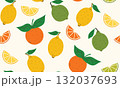 Flat cartoon seamless texture with lemon, lime, orange, leaves and wedges in random order. 132037693