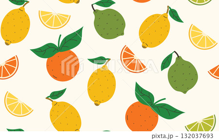 Flat cartoon seamless texture with lemon, lime, orange, leaves and wedges in random order. 132037693