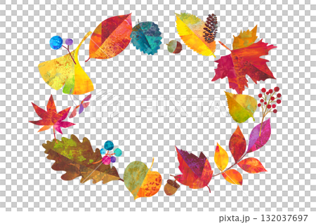 A circular frame designed with autumn leaves and nuts. Colorful painting texture illustration. A circular frame designed with autumn leaves and nuts. Colorful painting texture illustration. 132037697