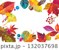 秋の紅葉した、落ち葉や木の実でデザインした囲みフレーム。カラフルなペインティングテクスチャのイラスト 132037698