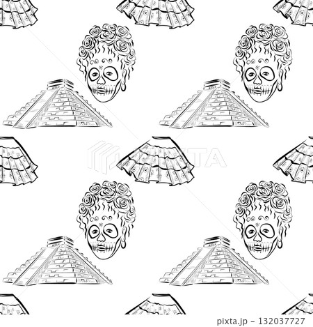 Day of the Dead. Line art illustration of a Mexican festival. Seamless pattern. Day of the Dead. Line art illustration of a Mexican festival. Seamless pattern. 132037727