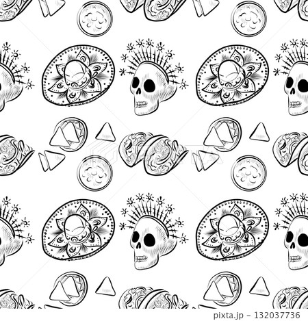Day of the Dead. Line art illustration of a Mexican festival. Seamless pattern. Day of the Dead. Line art illustration of a Mexican festival. Seamless pattern. 132037736