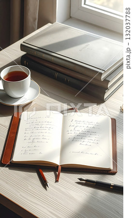 窓辺の光と革製手帳　積まれた本と紅茶が彩る穏やかな昼下がり 132037788