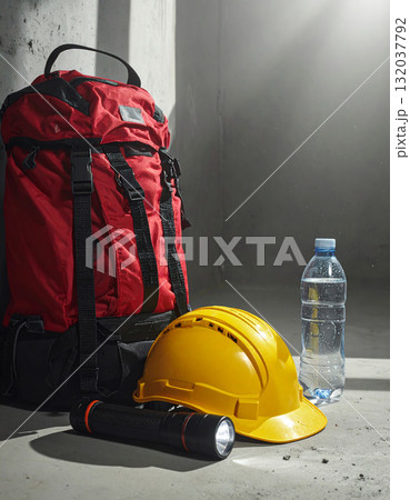 緊急時の備え　避難用バッグとヘルメット、懐中電灯と水 132037792