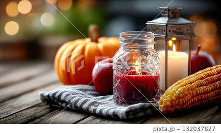 Autumn still life with candle lantern, pumpkins, and corn on a rustic wooden table 132037827