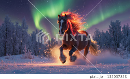 Christmas magical horse running in snowy forest under northern lights, glowing mane and sparks around, fantasy winter atmosphere. 132037828