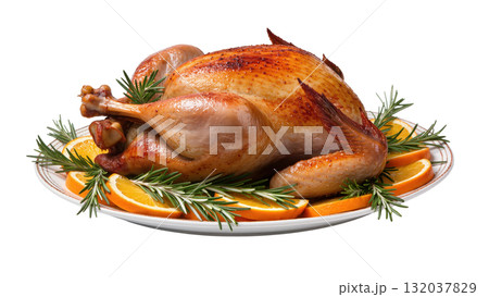 Whole roasted chicken served on plate with orange slices and rosemary, isolated on white background. 132037829
