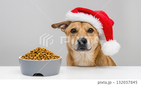 Christmas dog wearing Santa hat sitting at table with full bowl of dry pet food. Cute festive pet portrait on neutral background. Holiday concept. 132037845